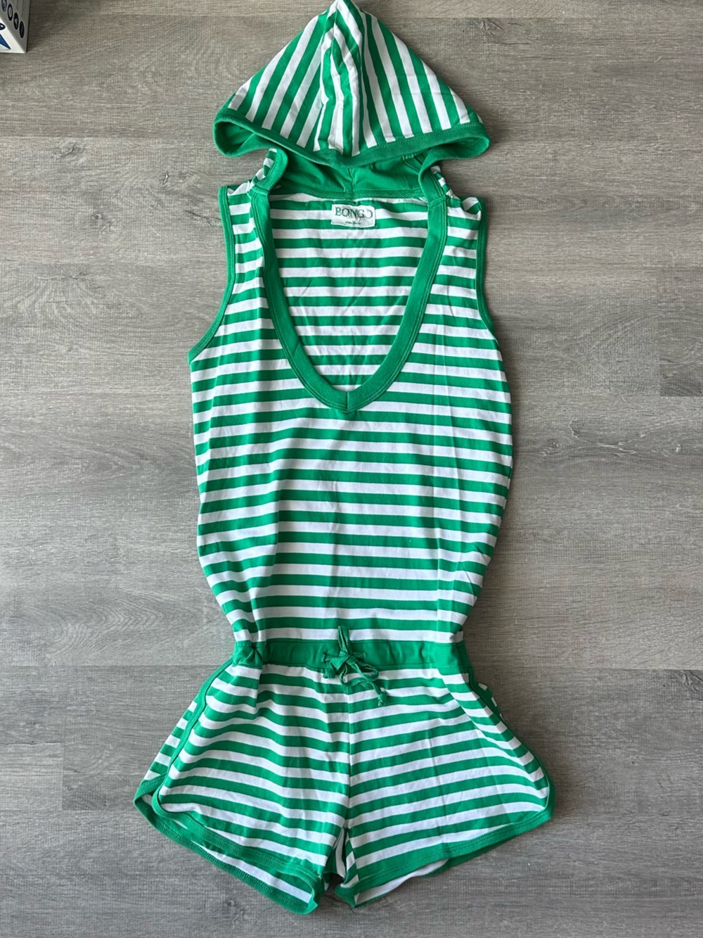 BONGO Green and White Striped Hooded Romper Y2K Beachwear Festival Party